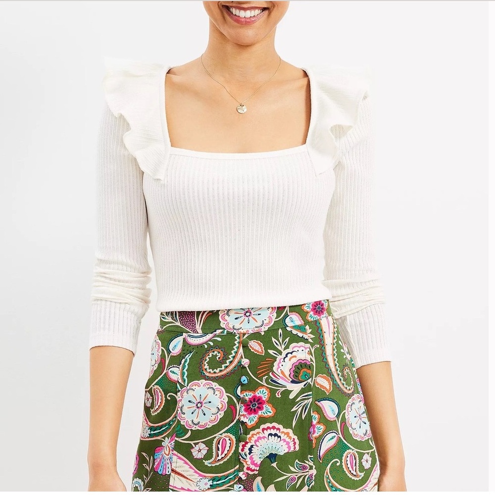 Loft Pointelle Ruffle Square Neck Blouse Ivory Size Medium